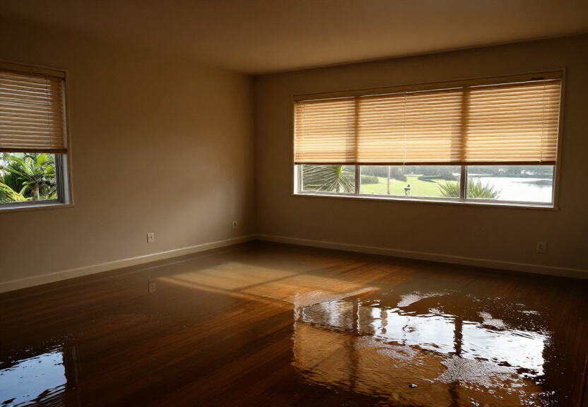 Flooded subfloor in a Kangaroo Point property with standing water